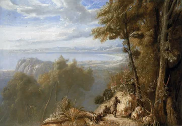 Port Bowen (Ausztrália) látképe, 1802. augusztus, Matthew Flinders (1774-1814) 1801 és 1803 közötti, a déli területek feltérképezésére indított Investigator expedíciója során, a festő az expedíció tagja volt.