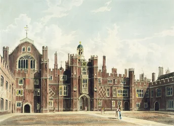 A Hampton Court palota négyszögének látképe Pyne "Royal Residences" című, Thomas Sutherland (sz.1785 körül) által metszett és 1819-ben kiadott művéből.
