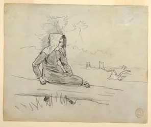Rajz, Lány egy fatörzsön ülve, 1879