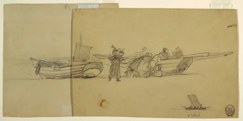 Rajz, Férfiak és nők kirakodnak egy halászbárkát, Cullercoats, Anglia, 1881-82