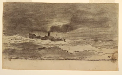Rajz, Tengeri táj halászhajóval, Cullercoats, Anglia, 1881-82