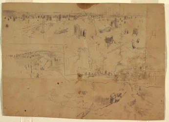 Rajz, Tanulmányok egy csatatérről fatörzsekkel és felrobbantott fatörzsekkel, Petersburg, Virginia., 1864