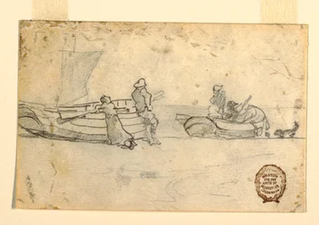 Rajz, Két csónak a tengerparton figurákkal, Cullercoats, Anglia, 1881-82