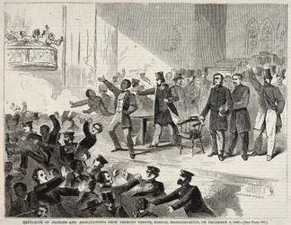 Fekete emberek és abolicionisták kiűzése a Tremont Temple épületéből, Boston, Massachusetts, 1860. 12. 3.