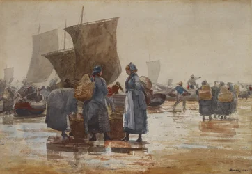 Fisherfolk a tengerparton a Cullercoats-ban