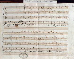 Az Accademico filarmonico (1770) cím elnyerésére Mozart Seek the first kingdom of God című könyvének kottaoldala