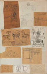 Oldal egy Scrapbookból, amely rajzokat és számos építészeti nyomatot tartalmaz, Int..., kb. 1800-1850. Alkotók: Charles Percier műhelye, Pierre François Léonard Fontaine műhelye.