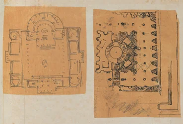 Oldal egy Scrapbookból, amely rajzokat és számos építészeti nyomatot tartalmaz, Int..., kb. 1800-1850. Alkotók: Charles Percier műhelye, Pierre François Léonard Fontaine műhelye.