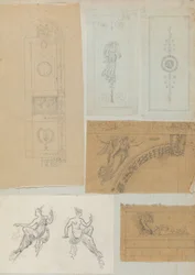 Oldal egy Scrapbookból, amely rajzokat és számos építészeti nyomatot tartalmaz, Int..., kb. 1800-1850. Alkotók: Charles Percier műhelye, Pierre François Léonard Fontaine műhelye.