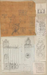 Oldal egy Scrapbookból, amely rajzokat és számos építészeti nyomatot tartalmaz, Int..., kb. 1800-1850. Alkotók: Charles Percier műhelye, Pierre François Léonard Fontaine műhelye.