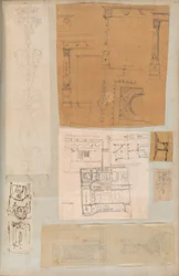 Oldal egy Scrapbookból, amely rajzokat és számos építészeti nyomatot tartalmaz, Int..., kb. 1800-1850. Alkotók: Charles Percier műhelye, Pierre François Léonard Fontaine műhelye.