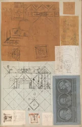 Oldal egy Scrapbookból, amely rajzokat és számos építészeti nyomatot tartalmaz, Int..., kb. 1800-1850. Alkotók: Charles Percier műhelye, Pierre François Léonard Fontaine műhelye.