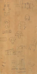 Oldal egy Scrapbookból, amely rajzokat és számos építészeti nyomatot tartalmaz, Int..., kb. 1800-1850. Alkotók: Charles Percier műhelye, Pierre François Léonard Fontaine műhelye.