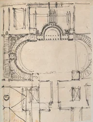 Oldal egy Scrapbookból, amely rajzokat és számos építészeti nyomatot tartalmaz, Int..., kb. 1800-1850. Alkotók: Charles Percier műhelye, Pierre François Léonard Fontaine műhelye.