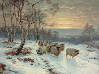 Pásztor a nyájával téli tájban (olaj, vászon)