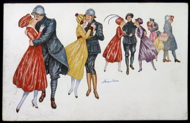 Katonák és menyasszonyaik, marainnes vagy barátai - Xavier Sager (1870-1930) illusztrációja, képeslap, 1915.