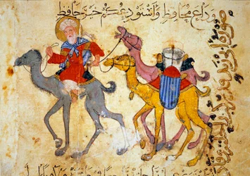 Tevekaraván a sivatagban (Karaván). Miniatúra Abu Mohammed al-Kasim ibn Ali Hariri (vagy Al-Hariri vagy Al Hariri) (1054-1122) „Maqamat” (Ülések) című művéből, Yahya Mahmud al-Wasiti (al Wasiti) illuminálta 1237-ben, Párizs, B.N.