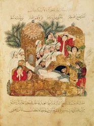 Ms Arab 5847, 29. folio, Pestisáldozat temetése, Al-Hariri „Al Maqamat” (A találkozások) című művéből, kb. 1240