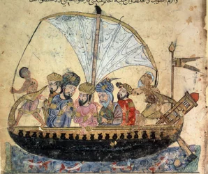Al-Harith (Al Harith) polgár, Hammam fia és a vándorló hajós Abu-Zayd (Abu Zayd) egy Eufráteszen hajózó csónakban. Miniatúra Abu Mohammed al-Kasim ibn Ali Hariri (vagy Al-Hariri vagy Al Hariri) (1054-1122) „Maqamat” (Ülések) című művéből