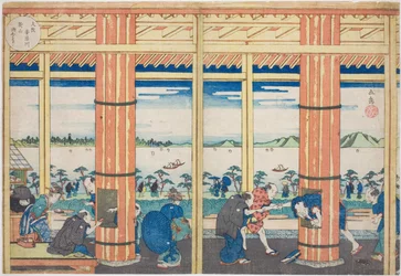 Az esőmenedék a Nii-dombon az Aji folyó mellett, Oszakában (Osaka Ajigawa Niiyama amayadori), a "Híres helyek Oszakában: Szép kilátás a Tenpo-hegyre (Naniwa meisho Tenpozan shokei ichiran)" sorozatból.