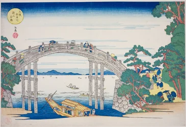 Kőhíd az Aji folyón az oszakai Nii-domb közelében (Osaka Ajigawa Niiyama ishibashi), a "Híres helyek Oszakában: A Tenpo-hegy szép kilátásai (Naniwa meisho Tenpozan shokei ichiran)" sorozatból.