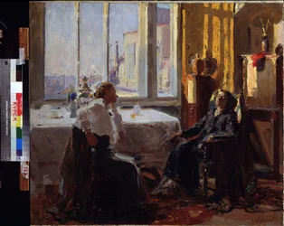 Egy művész műtermében. Jefim Mihajlovics Cheptov (1875-1950) festménye. Olajfestmény