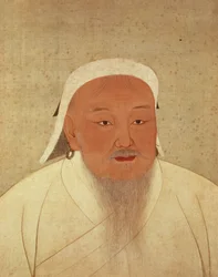 Dzsingisz kán portréja (kb. 1162-1227), mongol kán, a császári Jüan-dinasztia alapítója, aki Kínát a nagy Mongol Birodalom központjává tette (1260-1368), tus és akvarell selymen, mintás selyemszegéllyel