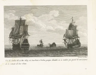 Einde van het gevecht van Jan Bart op 22 mei, 1689 Az 1689. május 22-i harc vége, ahol Jean-Bart és Forbin, bár leleplezték magukat, csak akkor adják meg magukat, amikor biztosították flottájuk visszavonulását (cím a tárgyon) Jean-Bart, az Es főnöke harcai