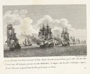 Jan Bart hervert graanschepen a Hollands eskaderben, 1694 1694. június 29-én Jean-Bart találkozott a Franciaországnak szánt gabonával megrakott flottával (...), és átvette az egész flottát, amelyet visszavitt Franciaországba (cím a tárgyon) Jean-Bart, az E