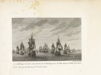 Jan Bart vaart Duinkerke binnen met de heroverde graanschepen, 1694 1694. július 3-án Jean-Bart visszatér Dunkerque kikötőjébe, az általa átvett tömbökkel megrakott flottával, valamint az ellenséges osztag három hajójával (cím a tárgyon) Gyűjtemény