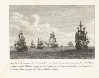 Jan Bart valt Hollandse schepen in de Baltische zee aan, 1675 Az 1675-ös hadjárat végén Jean-Bart ugyanazzal a 10 ágyús Corsair-rel a Balti-tengeren cirkál, ott megtámad egy holland flottát (...) (cím a tárgyon) Jean-Bar harcainak gyűjteménye