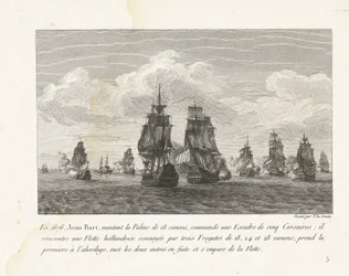 Jan Bart valt met zijn eskader een Hollandse vloot aan, 1676 1676-ban Jean Bart a 18 ágyús Palme-ra ülve egy öt Corsairből álló századot irányított (...) (cím a tárgyon) Jean-Bart, XIV. Lajos századparancsnok harcainak gyűjteménye (sorozat címe)