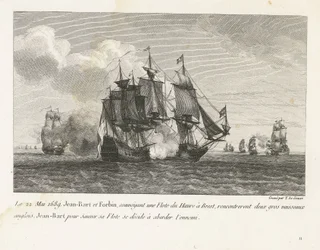 Jan Bart valt twee Engelse schepen aan, 1689 1689. május 22-én Jean-Bart és Forbin a flottát Le Havre-ból Brestbe szállítva két nagy angol hajóval találkoztak, Jean-Bart, hogy megmentse flottáját, úgy dönt, hogy megközelíti az ellenséget (cím a tárgyon) Gy