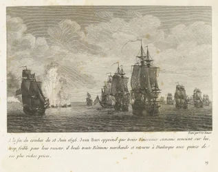 Treffen tussen een vloot onder Jan Bart en een Hollandse vloot, 1696 Az 1696. június 18-i harc végén Jean-Bart megtudja, hogy tizenhárom ellenséges hajó (...) és tizenöt leggazdagabb nyereményével (cím a tárgyon) visszatér Dunkerque-be. Comba gyűjteménye