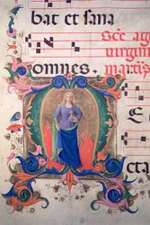 Missal 515 f.13v Szent Ágnest ábrázoló „M” kezdőbetű, egy zenei kottából