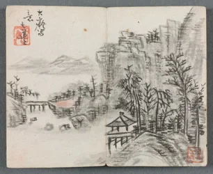 Miniatűr album figurákkal és tájkép Szikla táj híddal, 1822.