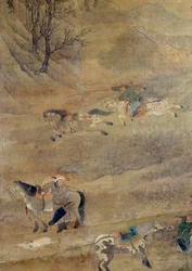 Mongol lovas lovat kerget. Részlet. Fou Tchao Mong selyemfestménye