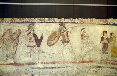 Csatajelenet két harcos között, freskó a paestumi Andriuolo-Laghetto nekropoliszáról, Campania, Olaszország, ókori görög civilizáció, Magna Graecia, ie 4. század (fotó)