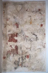 Burgundia, Lancharre, commune of Chapaize 71460. A Notre Dame templomban falfestmény. Két lovag láncban (freskó)