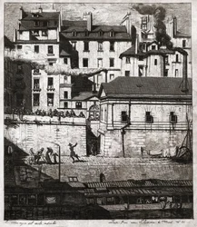 Helyszín rendőri beavatkozással a párizsi rakparton. 1860 körül (metszet)
