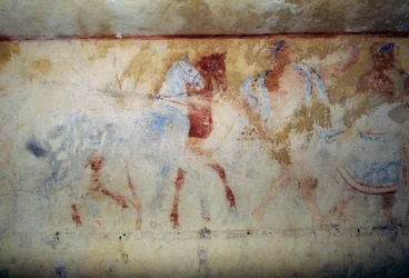 Temetési körmenet lovakkal és férfialakokkal, freskó, Kék démonok sírja, Tarquinia nekropolisza (UNESCO Világörökségi Lista, 2004), Lazio, Olaszország Etruszk civilizáció, Kr.e. 5. század