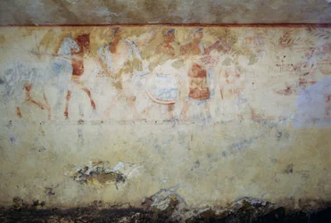 Temetési körmenet táncosokkal és zenészekkel, freskó, Kék démonok sírja, Tarquinia nekropolisza (UNESCO Világörökségi Lista, 2004), Lazio, Olaszország Etruszk civilizáció, Kr.e. 5. század