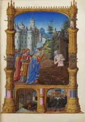 Les Très Riches Heures du duc de Berry, Folio 82r - Job Mocked by His Friends the Musée Condé, Chantilly. Job, sa feme et ses amis.