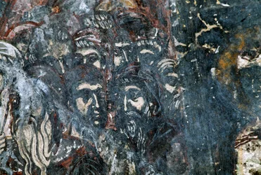 Férfialak, sérült freskó az Agios Vasileios templom mennyezetén, Vavouledo, Kréta, Görögország (fotó)