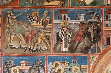 Kolostor (manastirea Voronet). A templom. Külső. Falfestmények. Déli oldal, bal rész.