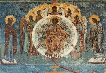 Kolostor (manastirea Voronet). A templom. Külső. Falfestmények. Nyugati oldal. Részlet.