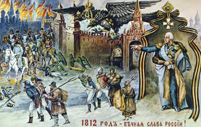 Az 1812-es napóleoni háború, Napóleon Moszkvából való visszavonulásának ábrázolása, amelyet a birodalmi orosz kétfejű sas és I. Sándor cár felügyel.