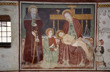 Pieta Szent Bernáttal és ügyféllel, freskó (15. század), Vadember háza (Uomo Selvatico), Sacco, Cosio Valtellina, Lombardia, Olaszország