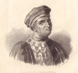 A Carmagnola néven is ismert olasz hadvezér, Francesco da Bussone (1380-1432) portréja, E. Silvestri rézmetszete egy festmény nyomán