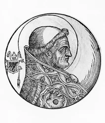 I. Szent Celesztin (meghalt 432-ben), a katolikus egyház 43. pápájának portréja 422-ből, metszet